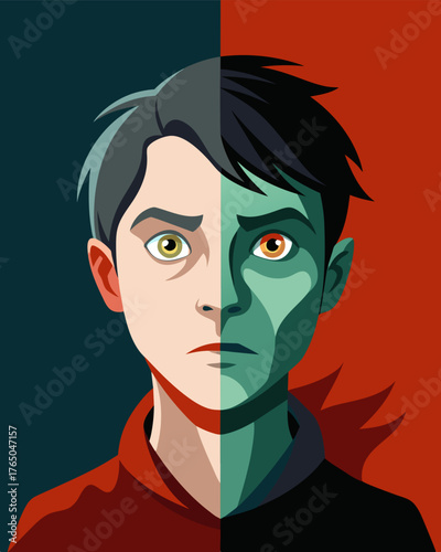 A closeup shot of a persons face with one side appearing normal and the other side distorted and twisted like a nightmarish reflection.. Vector illustration