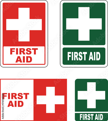 FIRST AID sign with text and cross symbol.