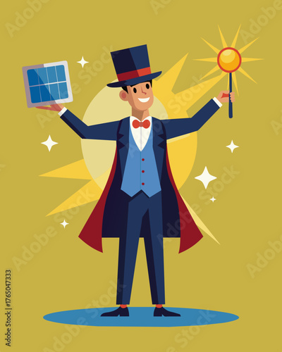 A magician wows his audience with tricks that are powered by the solar panels attached to his top hat and cape.. Vector illustration
