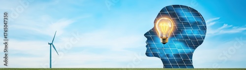 Solar Energy Concept with Human Silhouette, Light Bulb, Wind Turbine, Clean Power, and Sustainable Future Representation