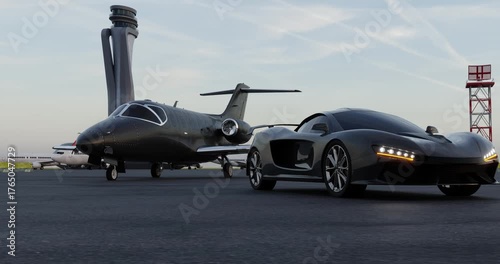 Sports car and private jet on airport tarmac