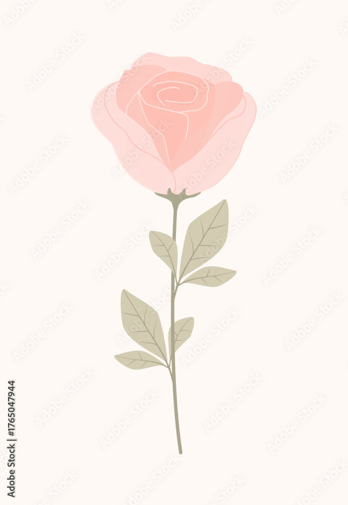 Fototapeta premium Elegant minimalist vector illustration of a single pink rose with soft petals and green leaves. For greeting cards, wedding invitations, design, wall art, packaging, romantic decor. Isolated rose