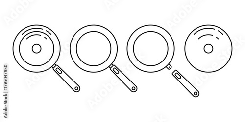 Frying pan with a removable handle and lid icon. Black outline line silhouette. Editable strokes. Top view. Vector simple flat graphic illustration. Isolated object on a white background.