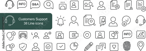 Customer support line icon set, minimal black outline style, communication symbols, help desk tools, chat, headset, service interface elements