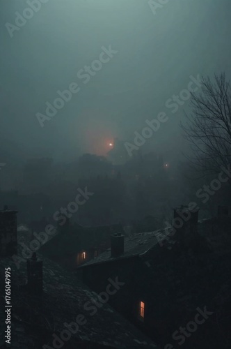 Old foggy village with glowing streetlights at dawn, mysterious cinematic gothic atmosphere with mist and trees