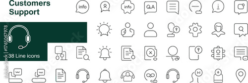 Customer support line icon pack, minimal black outline style, help desk tools, chat, headset, user interface elements, communication symbols, service visuals