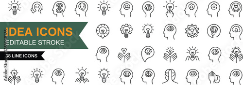 Idea icons set, editable stroke, creative thinking, innovation concept, light bulb, gear, human head, brainstorming, minimal line style, vector illustration