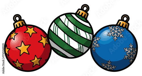 Colorful Christmas Ornaments Trio – Red Star, Green Striped, Blue Snowflake Festive Baubles Holiday Decoration Vector Illustration