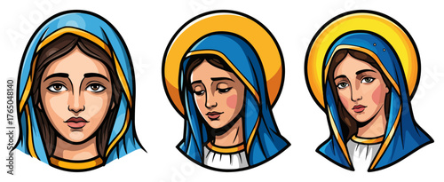 Virgin Mary Faces Set – Blessed Mother of God Portrait Collection with Blue Veil and Halo Religious Christian Icon Vector Illustration