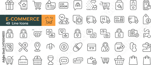 E-commerce line icons set, minimalist shopping symbols, digital commerce visuals, online store UI elements, outline style, perfect for web and app design