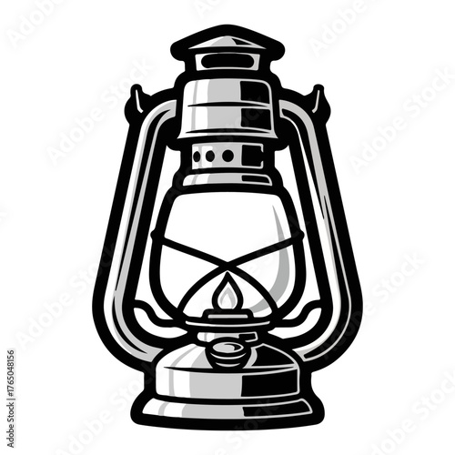 Vintage Kerosene Lantern – Classic Metal Camping Oil Lamp with Glass Chimney Rustic Outdoor Light Source Vector Illustration
