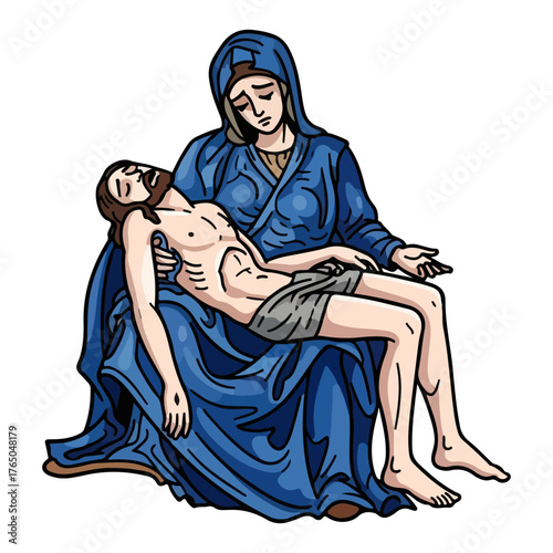 Pietà Madonna and Christ – Holy Virgin Mary Holding Dead Jesus Renaissance Sculpture Religious Christian Art Vector Illustration