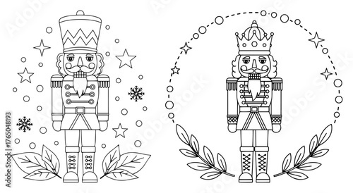 Nutcracker Soldier Coloring Page Set – Festive Christmas Toy Guard Outline with Stars, Snowflakes and Laurel Wreath Vector Illustration