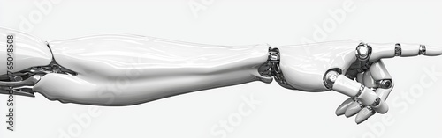 A futuristic robotic hand pointing with intricate mechanical details and smooth metallic textures.
