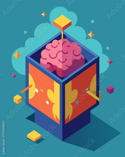 A brain enclosed within a puzzle box unable to unravel the complexities of its own thoughts.. Vector illustration