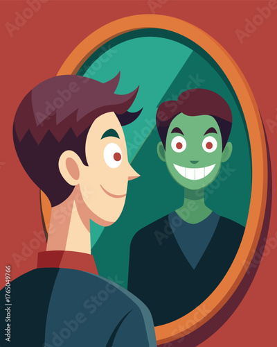 A distorted version of themselves in the mirror with exaggerated features and a wicked grin.. Vector illustration