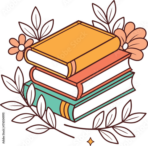 A charming hand drawn illustration of a stack of three colorful books surrounded by whimsical floral elements and leaves in a simple artistic style