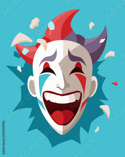 A mask of a happy clown but as it shatters the sadness and anger hidden underneath is revealed.. Vector illustration