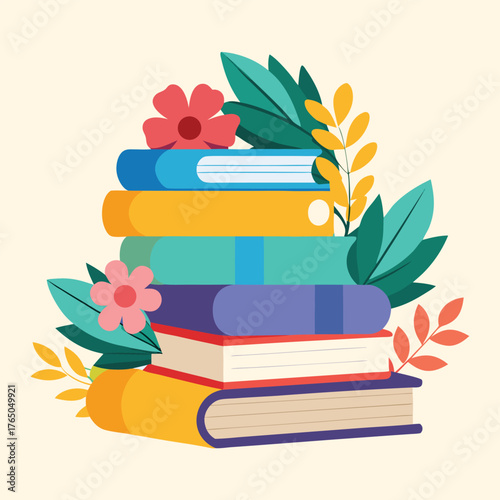 A stack of colorful books adorned with vibrant green leaves and delicate pink and yellow flowers symbolizing knowledge and nature