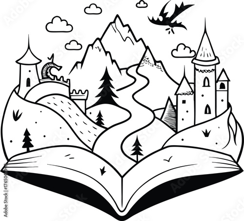 Whimsical hand drawn illustration of an open book revealing a fantasy landscape with castles mountains and a dragon flying overhead