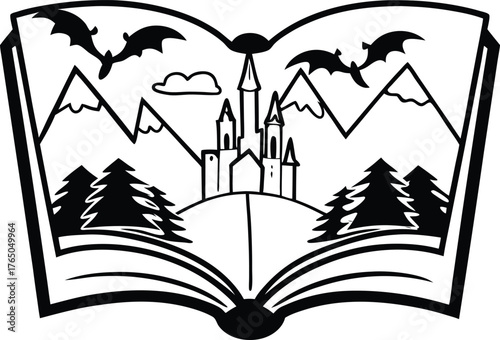 Open book silhouette revealing a fantastical landscape with a castle mountains evergreen trees and flying dragons in a magical story