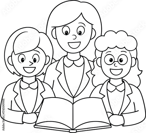 Three smiling women in business attire gathered around an open book representing education teamwork and shared learning in a professional setting