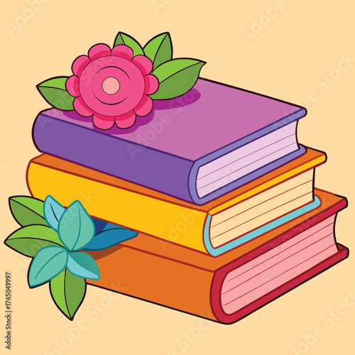 Stack of three colorful open books with decorative flowers and green leaves on a light beige background illustration