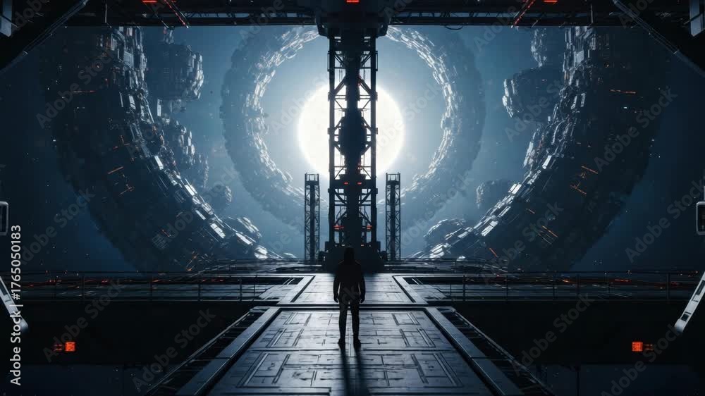 Spaceship launch in futuristic hangar with open portal to outer space