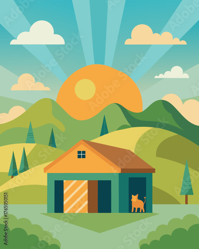 A spacious and cozy animal shelter nestled in the rolling hills powered by the bright rays of the sun.. Vector illustration