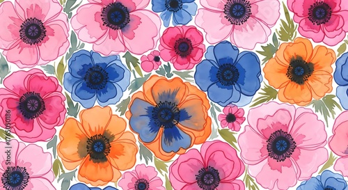 Vibrant watercolor floral pattern with pink, blue, and orange poppies and green leaves on a white background, perfect for design.