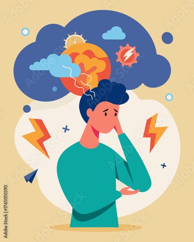 A mental tempest causing turmoil and uncertainty as the person struggles to make sense of conflicting beliefs and ideals.. Vector illustration
