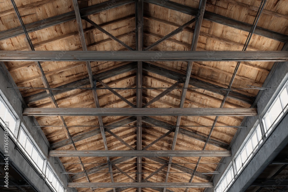 Obraz premium Architectural Beauty of Industrial Exposed Ceiling Featuring Timber and Steel Elements Against a Textured Backdrop