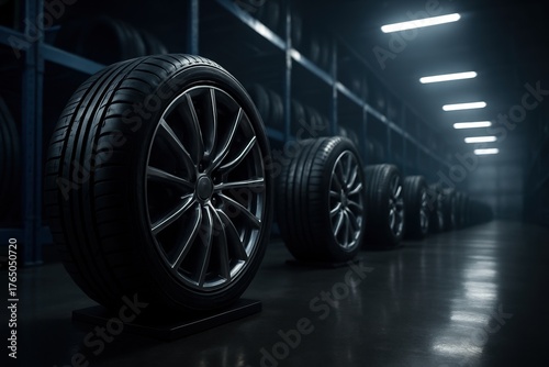 modern tire storage facility with rows of premium car tires featuring polished turbine-style alloy rims, illuminated by cool industrial lighting in a clean, organized environment.