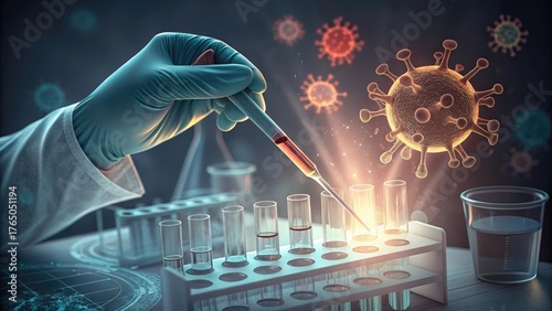 Scientific research process medical lab work scientist examining test tubes and viral cell structures