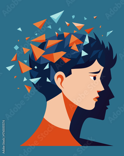 A frenzy of swirling thoughts shattered dreams and broken fragments flying out of a persons head highlighting the mental and emotional toll of stress on ones psyche.. Vector illustration