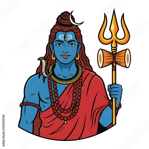 Tableau sur toile Lord Shiva Portrait with Trishul – Blue Hindu God Bust Holding Trident Vector Il