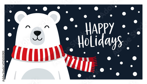 Happy Holidays Polar Bear Card – Cute White Bear in Red Scarf Snowy Night Vector Illustration