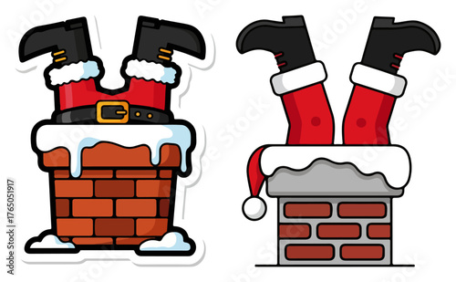 Santa Stuck in Chimney Sticker Set – Cartoon Claus Boots Upside Down Snowy Brick Vector Illustration