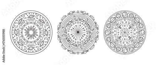 Cosmic Mandala Coloring Pages – Space, Planets, Moons, and Stars Line Art Set