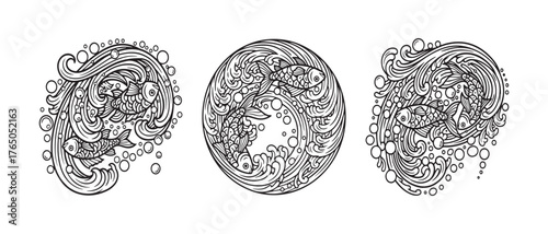Ornamental Fish Pattern Line Art Set