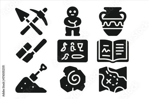 Archaeology Icon Set. Solid style icons of Archaeology and history: excavation tools, artifact, ancient pottery, stone tablet,