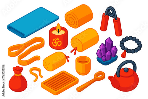 Yoga Essentials Icons. Isometric vector illustration set Yoga and Mindfulness Essentials: mini yoga mat, OM candle holder, rolled