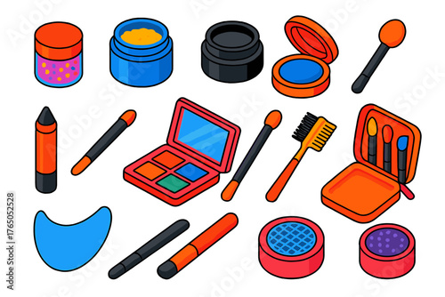 Makeup Essentials Icons. Isometric vector illustration set Makeup Essentials and Accessories: glitter pot, loose pigment jar, gel