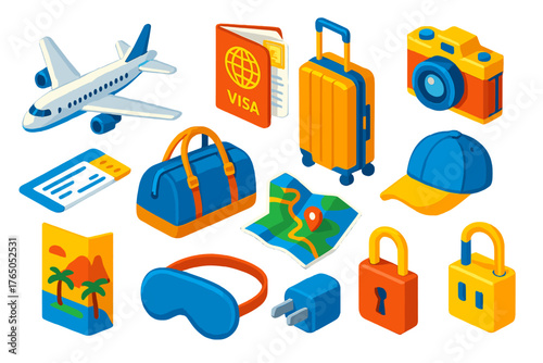 Vibrant Travel Essentials Icons. Isometric vector illustration set Air Travel Essentials: airliner, visa-stamped passport, upright