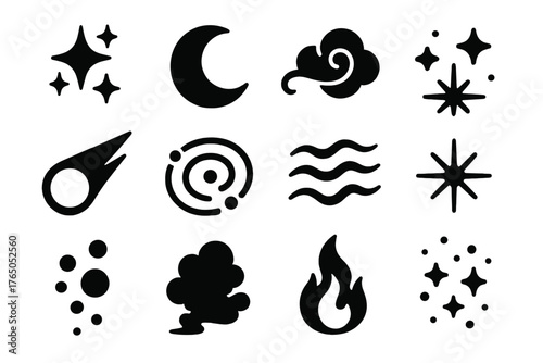 Mystical Icon Elements. Solid style icons of Mystical elements: glowing stars, crescent moon, cloud swirl, magical sparkles, comet