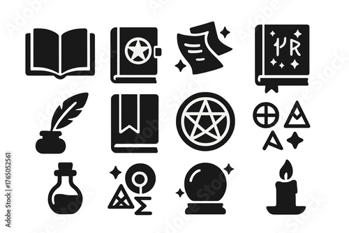 Magical Spellbook Icons. Solid style icons of Magic spellbooks: open book, closed grimoire, floating pages, glowing runes, quill,