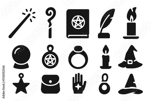 Witch and Wizard Icons. Solid style icons of Witch and wizard tools: wand, staff, spellbook, quill, crystal orb, amulet, ring,