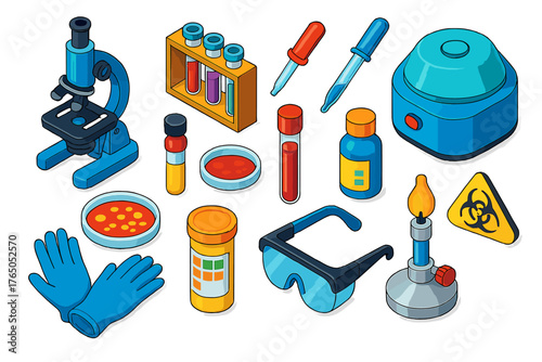 Healthcare Tools Icons. Isometric vector illustration set First Aid and Healthcare Tools: laboratory microscope, test tube rack,