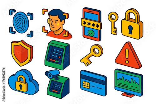 Vibrant Banking Security Icons. Isometric vector illustration set Banking Security: biometric fingerprint, face scan, two-factor