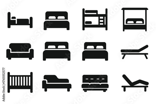 Solid Bed Icons. Solid style icons of Bed types: single bed, double bed, bunk bed, canopy bed, sofa bed, king-size bed, queen-size
